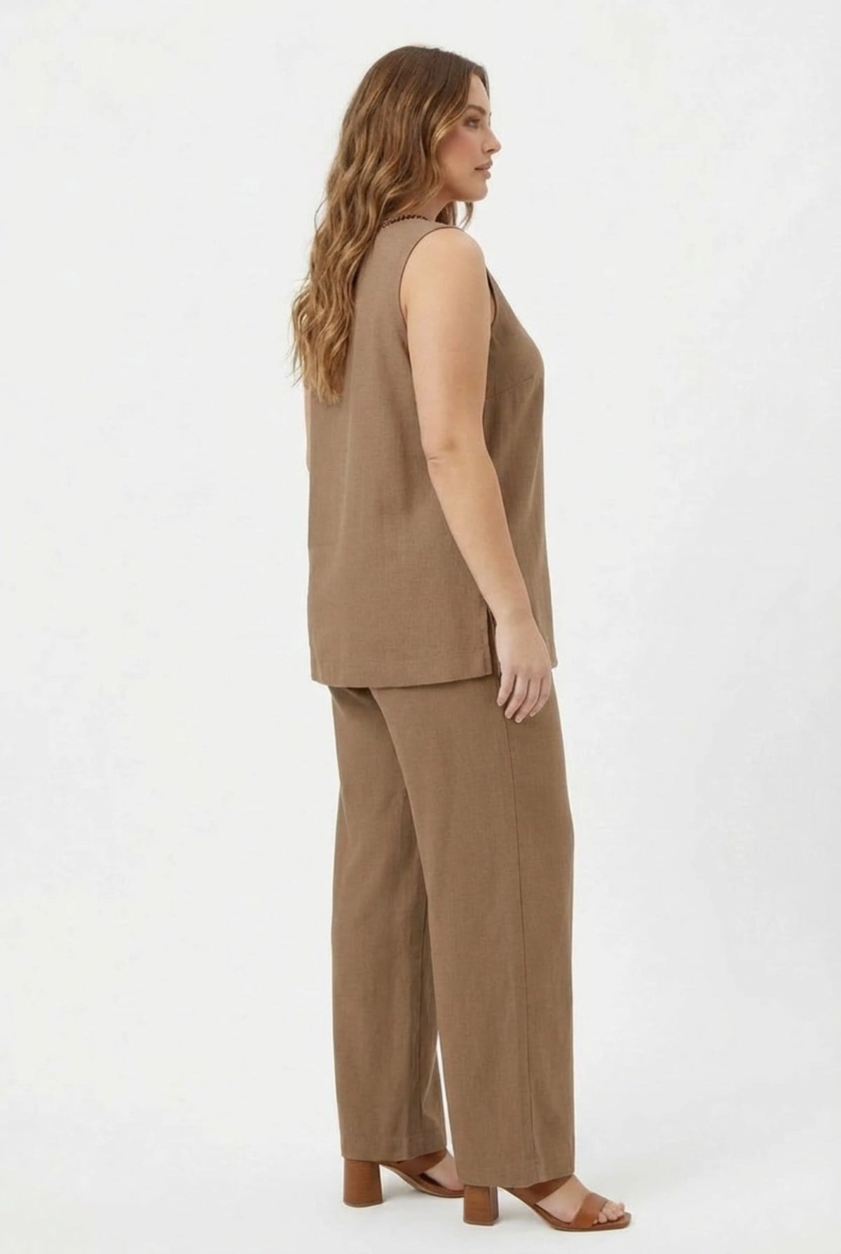 Women's Plus Size Blouse and Pants Set with Collar Bead Detail - Mink
