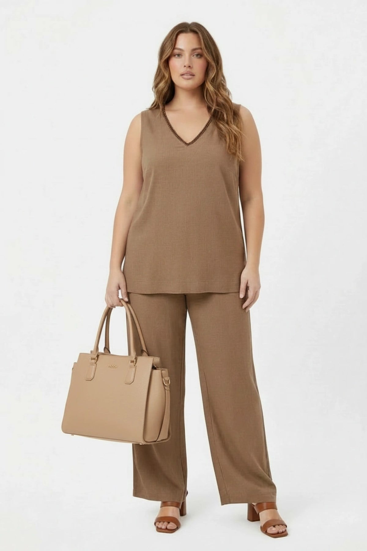 Women's Plus Size Blouse and Pants Set with Collar Bead Detail - Mink