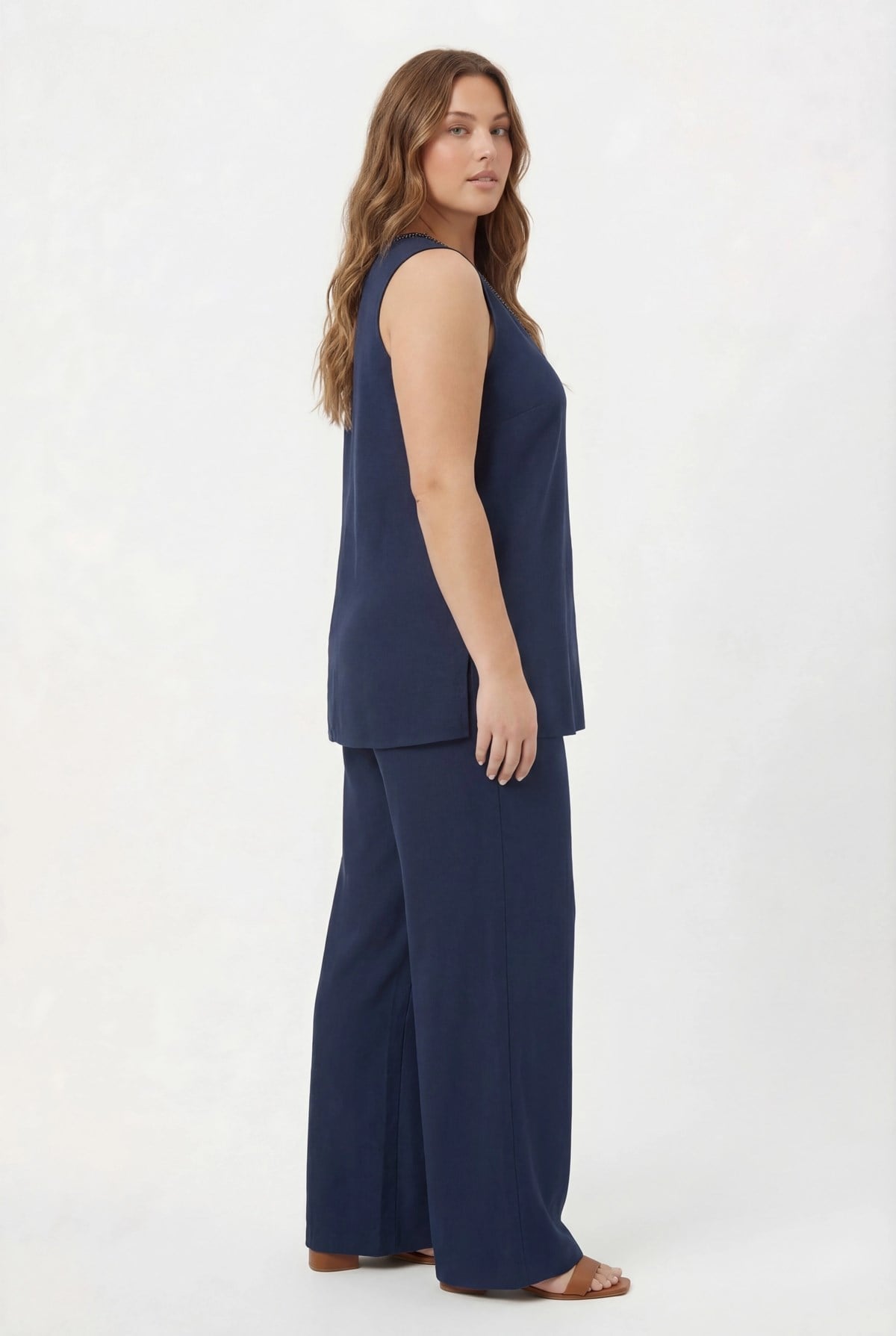 Women's Plus Size Blouse and Pants Set with Collar Bead Detail, Navy Blue