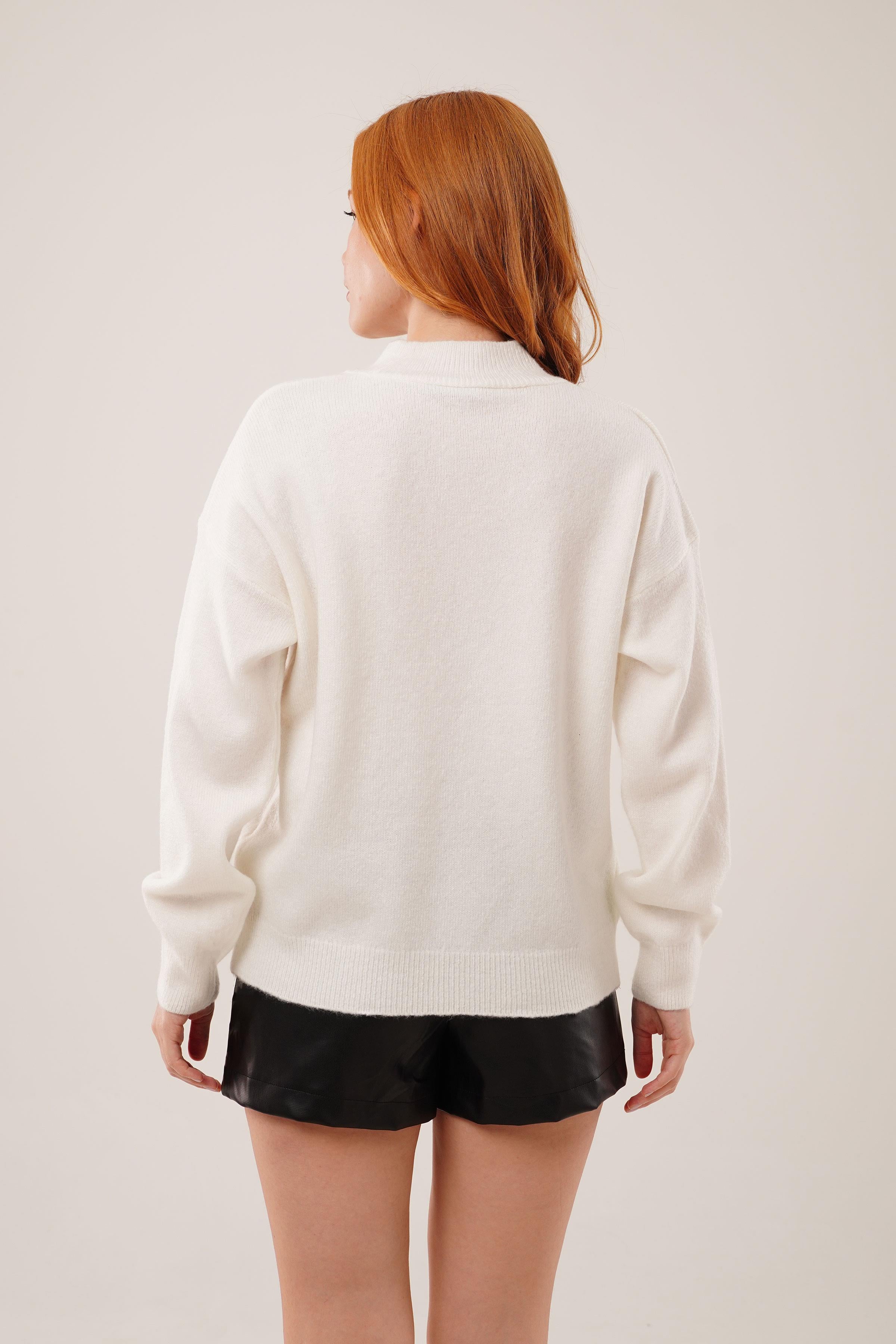 Yaka Ribanalı Basic Toptan Beyaz Triko Kazak