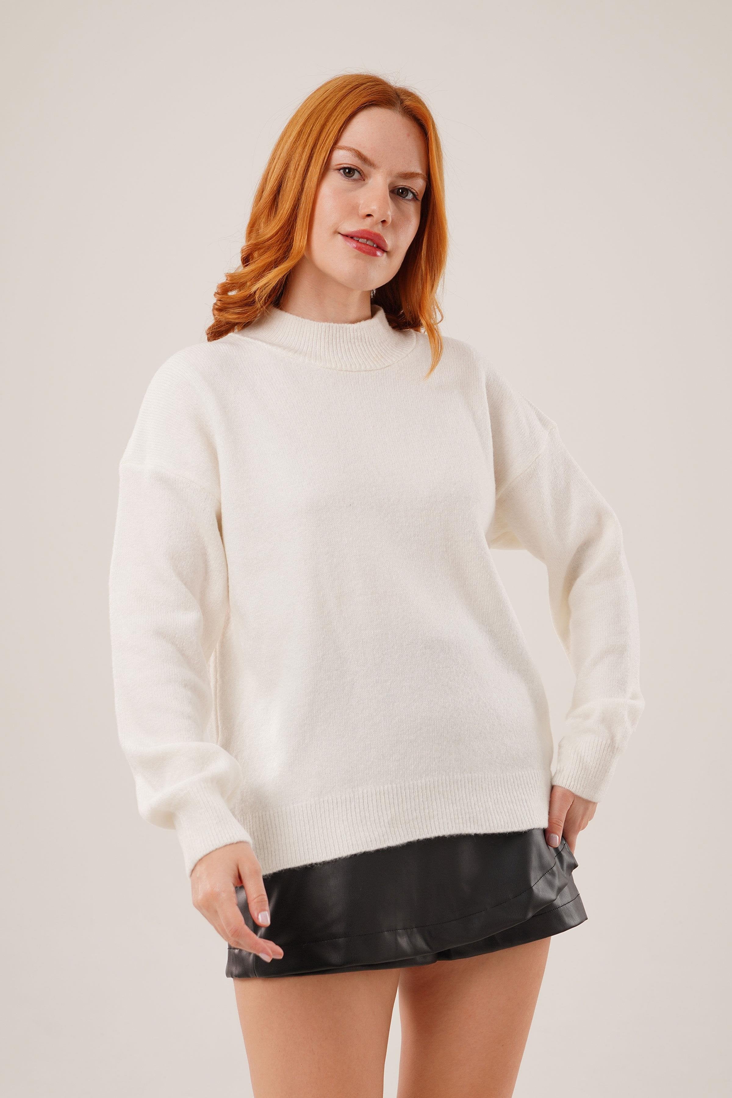 Yaka Ribanalı Basic Toptan Beyaz Triko Kazak Beyaz STD