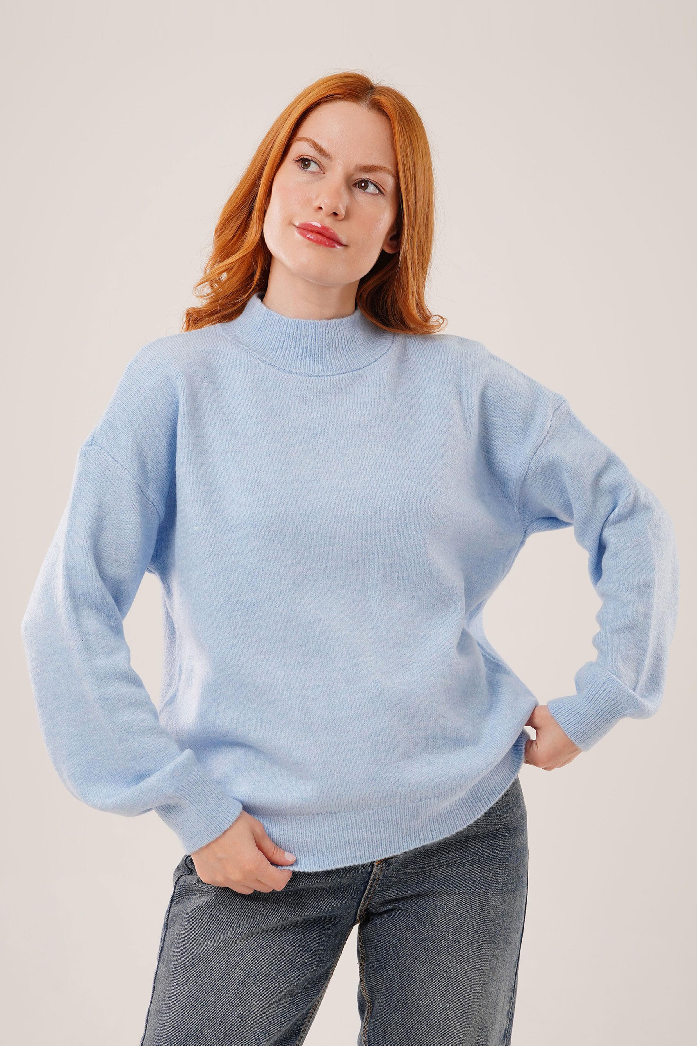 Yaka Ribanalı Basic Toptan Mavi Triko Kazak Mavi STD