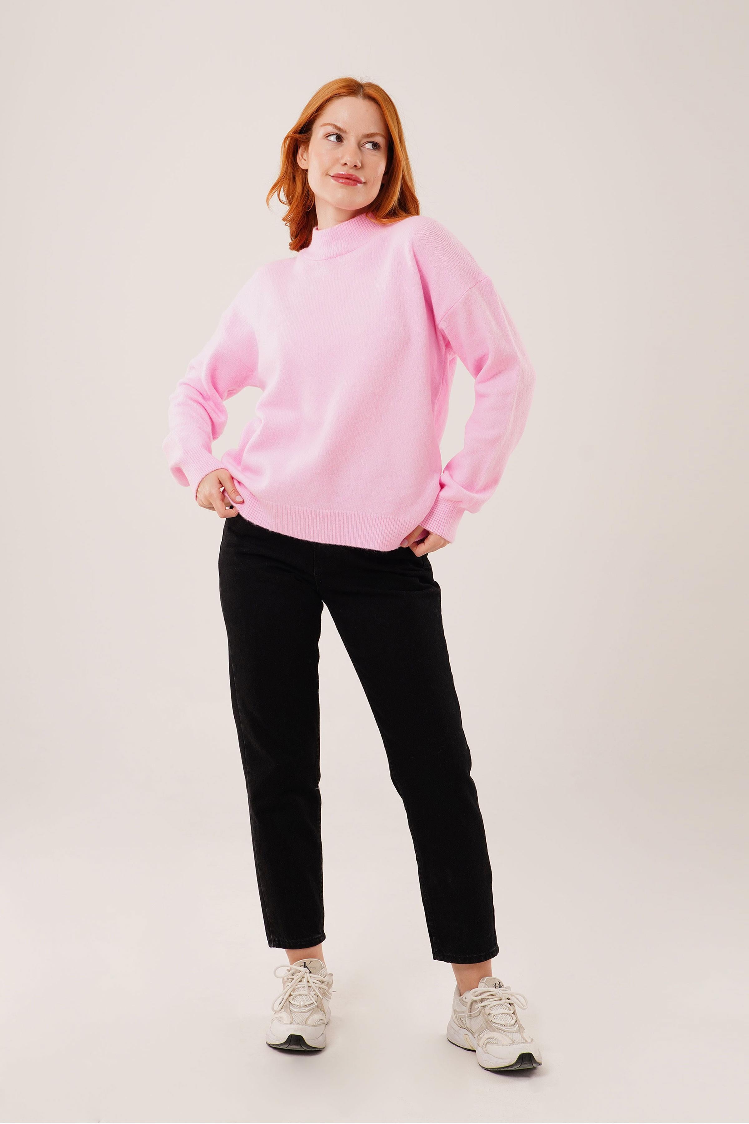 Yaka Ribanalı Basic Toptan Pembe Triko Kazak