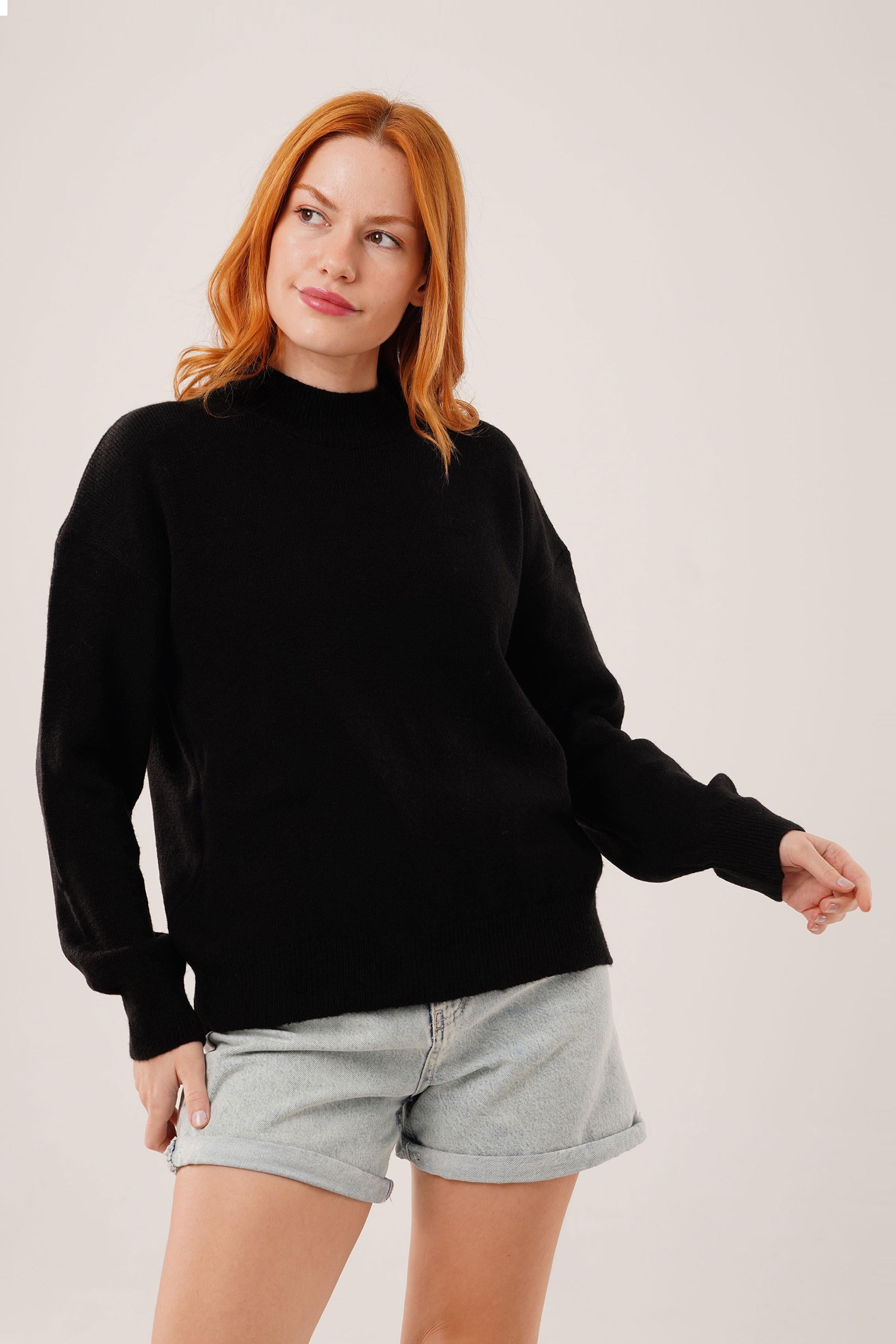 Yaka Ribanalı Basic Toptan Siyah Triko Kazak