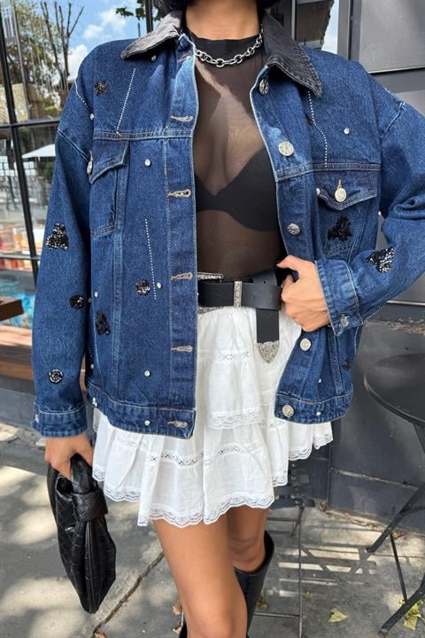 Yaka Siyah Garni Pul Payet Taşlı Oversize Denim Ceket 6125
