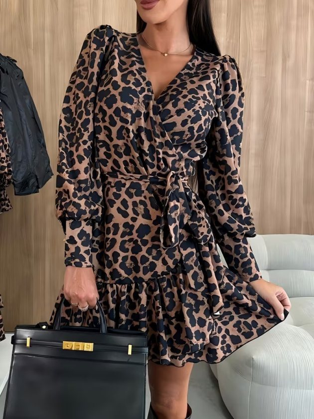 Kadın Uzun Kollu Kruvaze Yakalı Belden Bağcıklı Kısa Leopar Desenli Modal Elbise, 38487