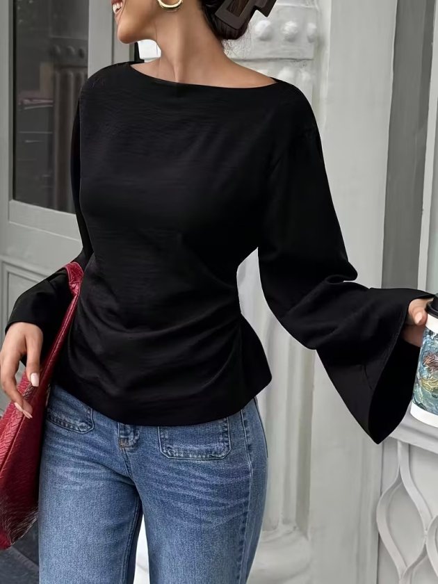 Kadın Uzun Kollu Kayık Yakalı Arka Belden Bağlama Detaylı Pera Bluz, 38786