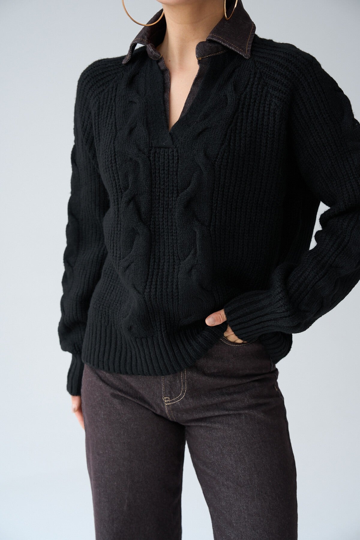 Black-Brown Collar Denim Sweater