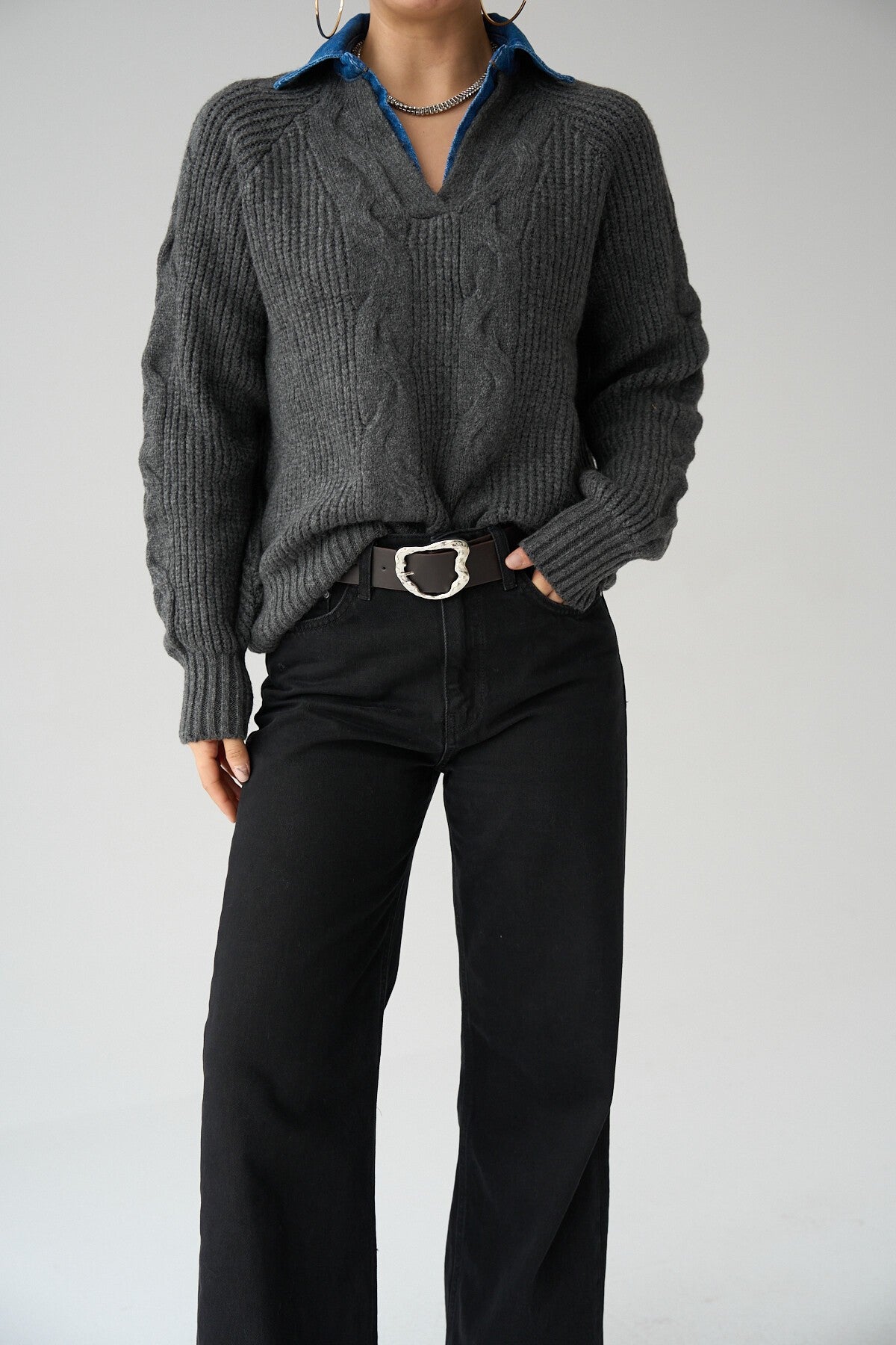 Anthracite-Brown Collared Denim Sweater