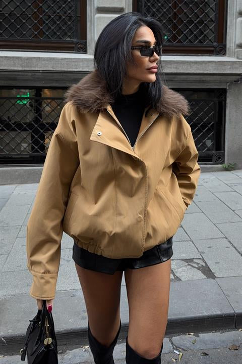 Yakası Kürklü Parka Bomber Ceket 6136 BEJ L