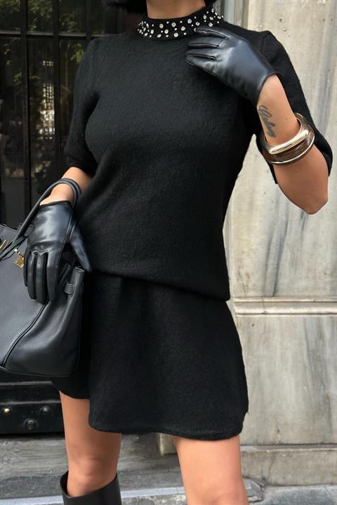 Yakası Taşlı Şardonlu Mini Etekli Takım 10002