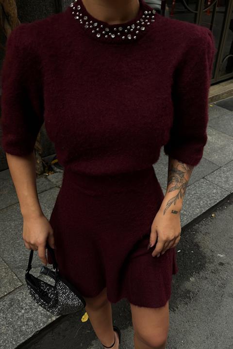 Yakası Taşlı Şardonlu Mini Etekli Takım 10002