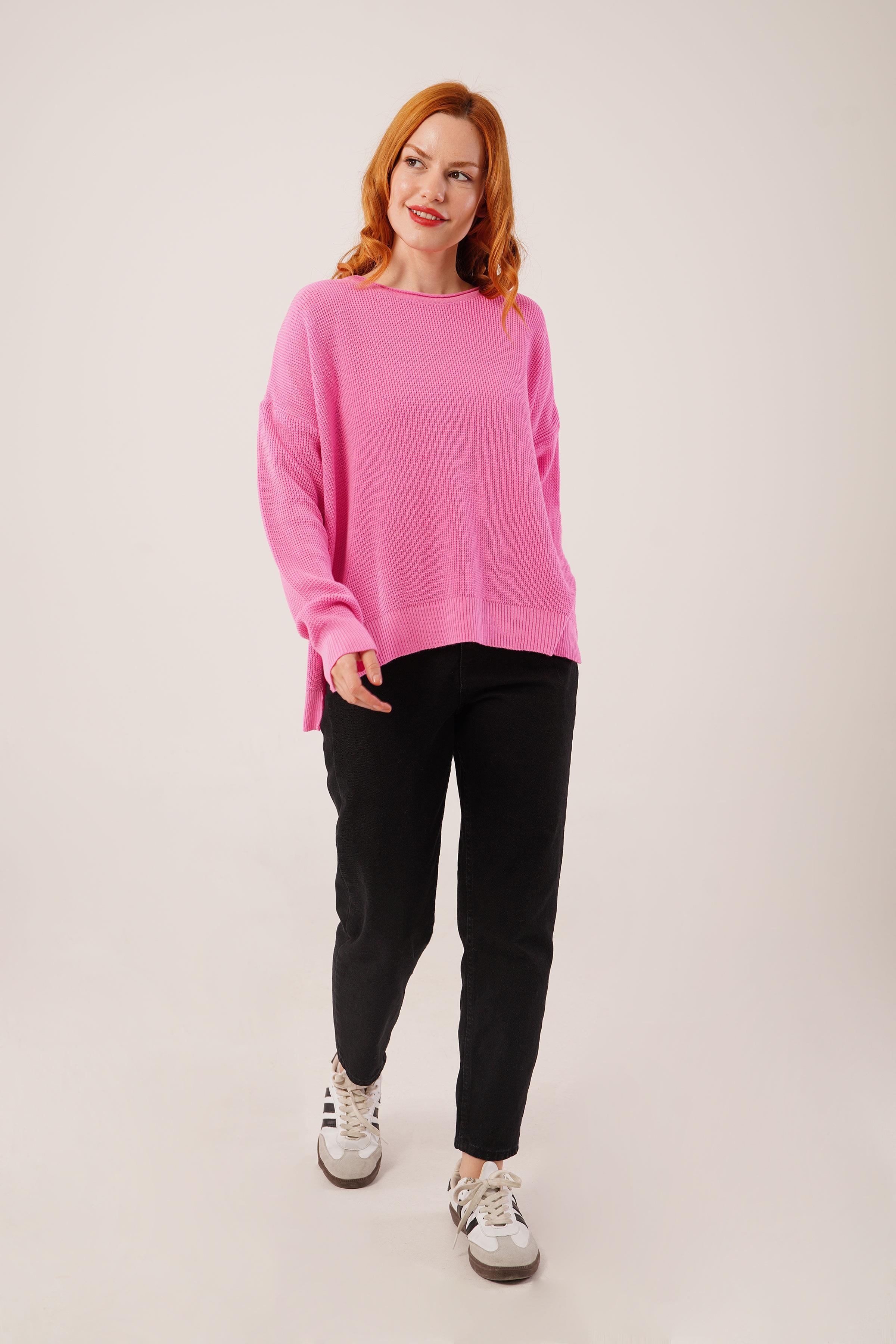 Yan Kısa Yırtmaçlı Selanik Örme Toptan Pembe Triko Kazak