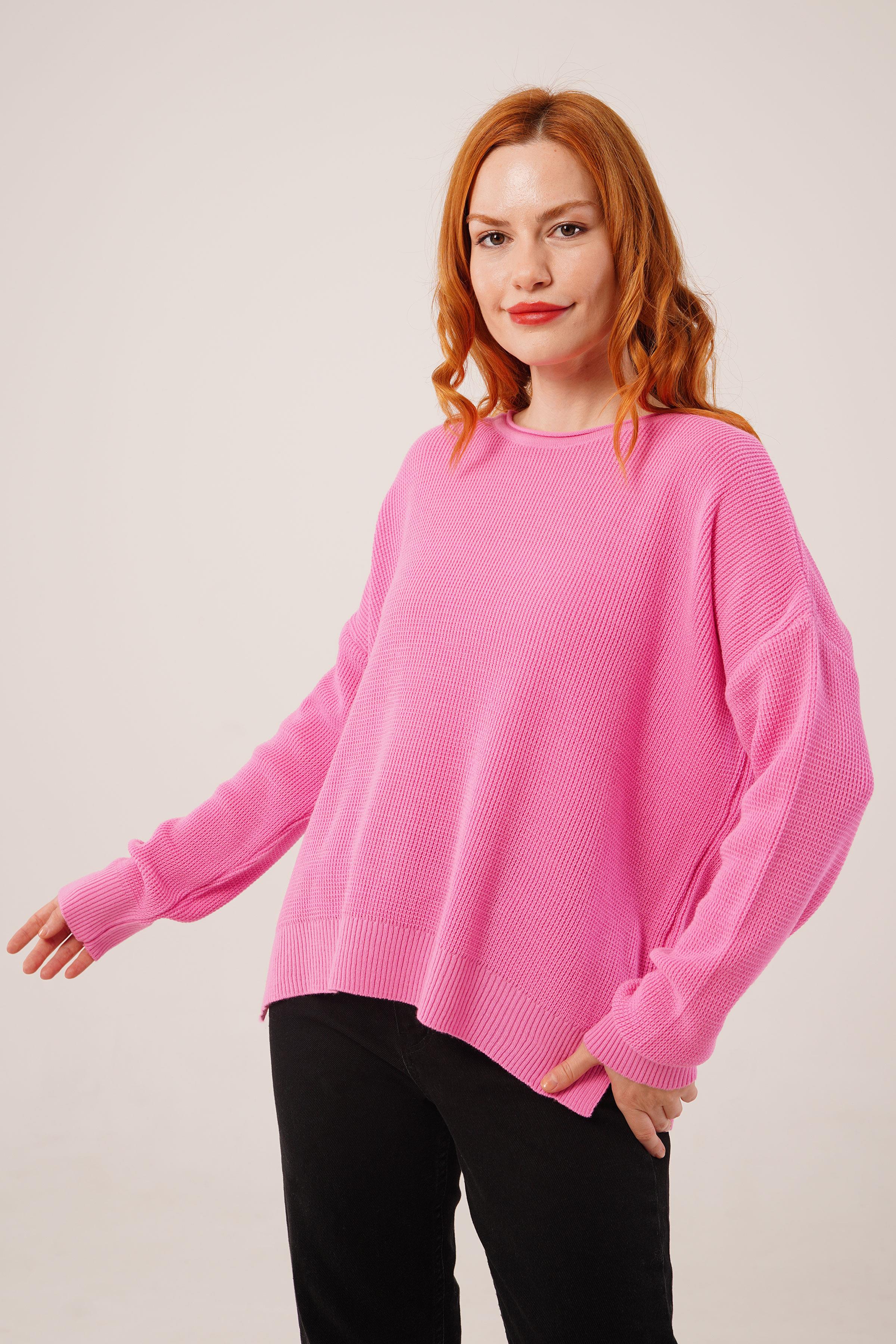 Yan Kısa Yırtmaçlı Selanik Örme Toptan Pembe Triko Kazak