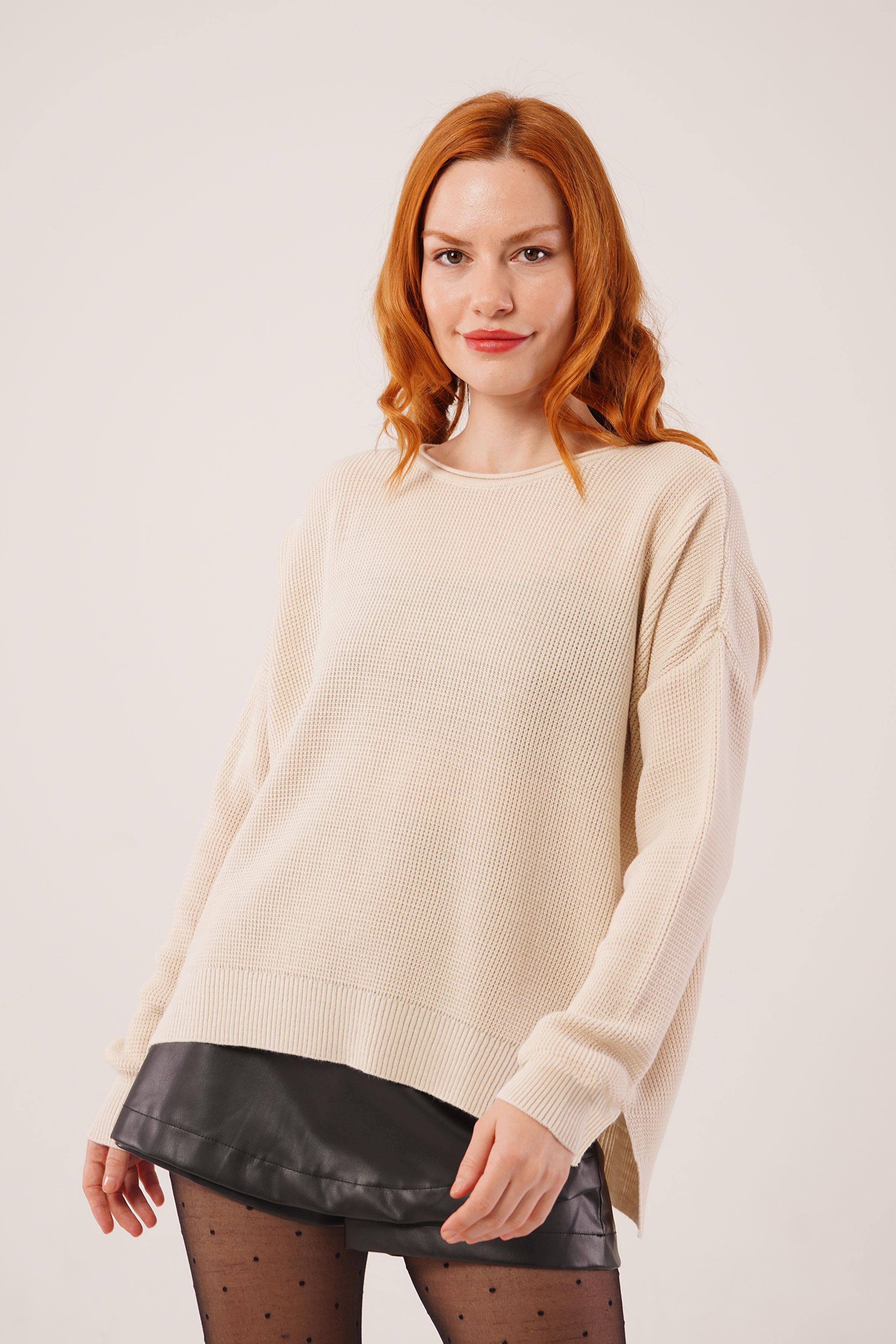 Yan Kısa Yırtmaçlı Selanik Örme Toptan Krem Triko Kazak Krem STD