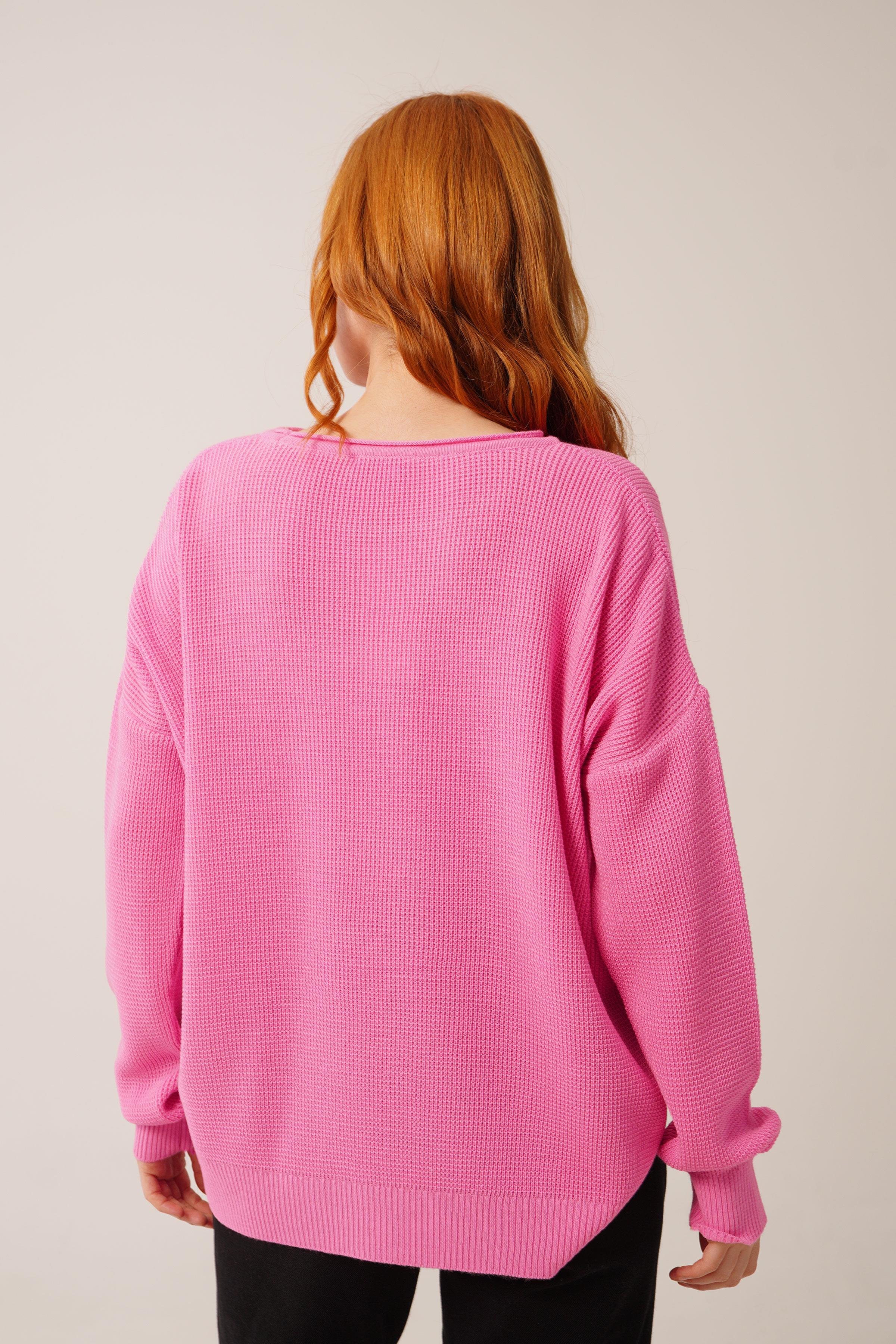 Yan Kısa Yırtmaçlı Selanik Örme Toptan Pembe Triko Kazak