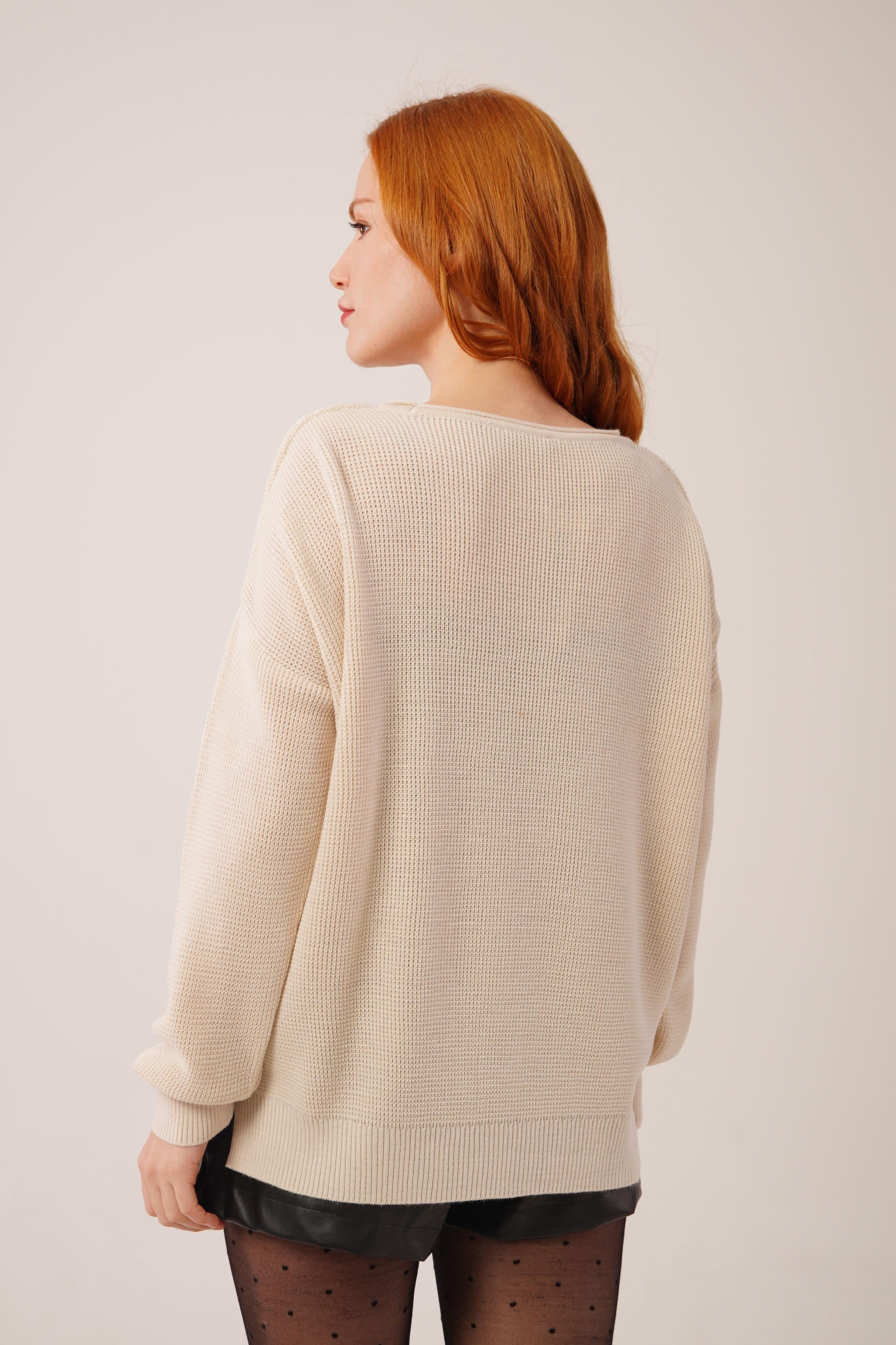 Yan Kısa Yırtmaçlı Selanik Örme Toptan Krem Triko Kazak