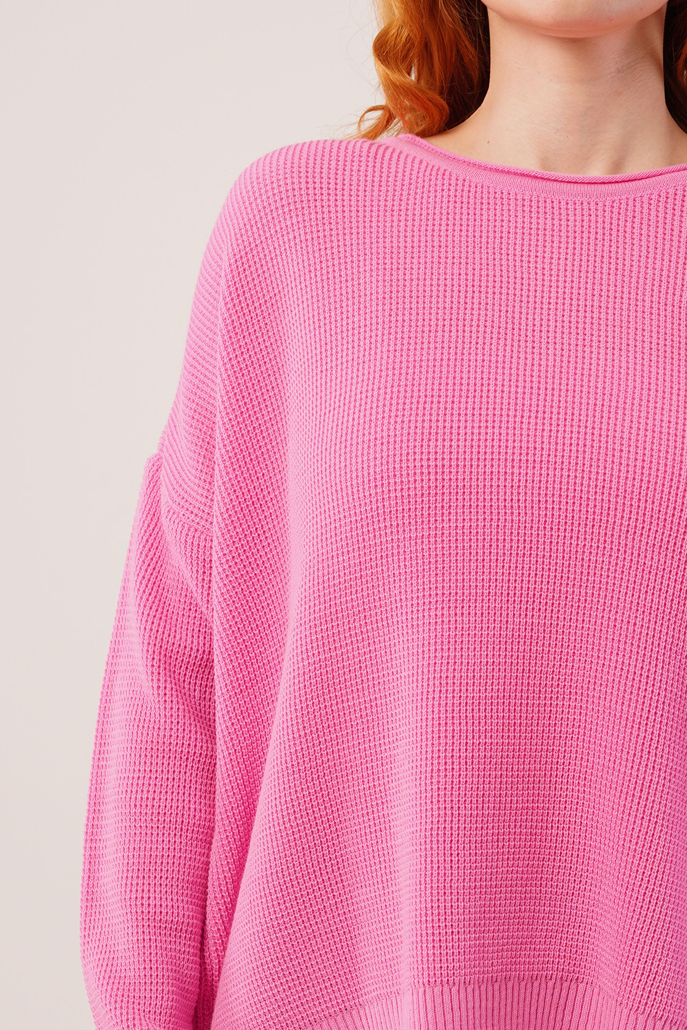 Yan Kısa Yırtmaçlı Selanik Örme Toptan Pembe Triko Kazak