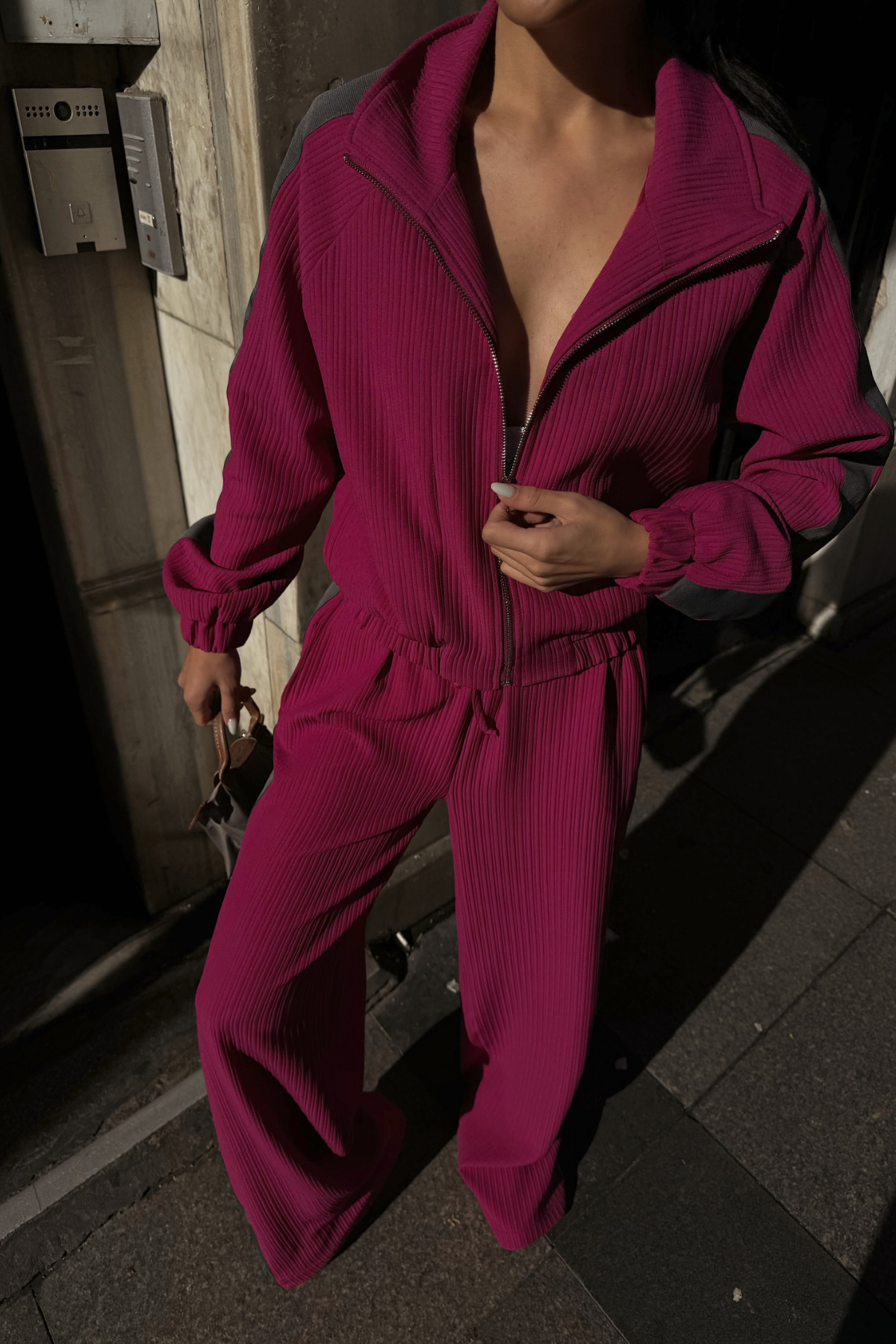 YANLARI ŞERİT DETAYLI OTTOMAN KAPİŞONLU EŞOFMAN TAKIM - Fuşya