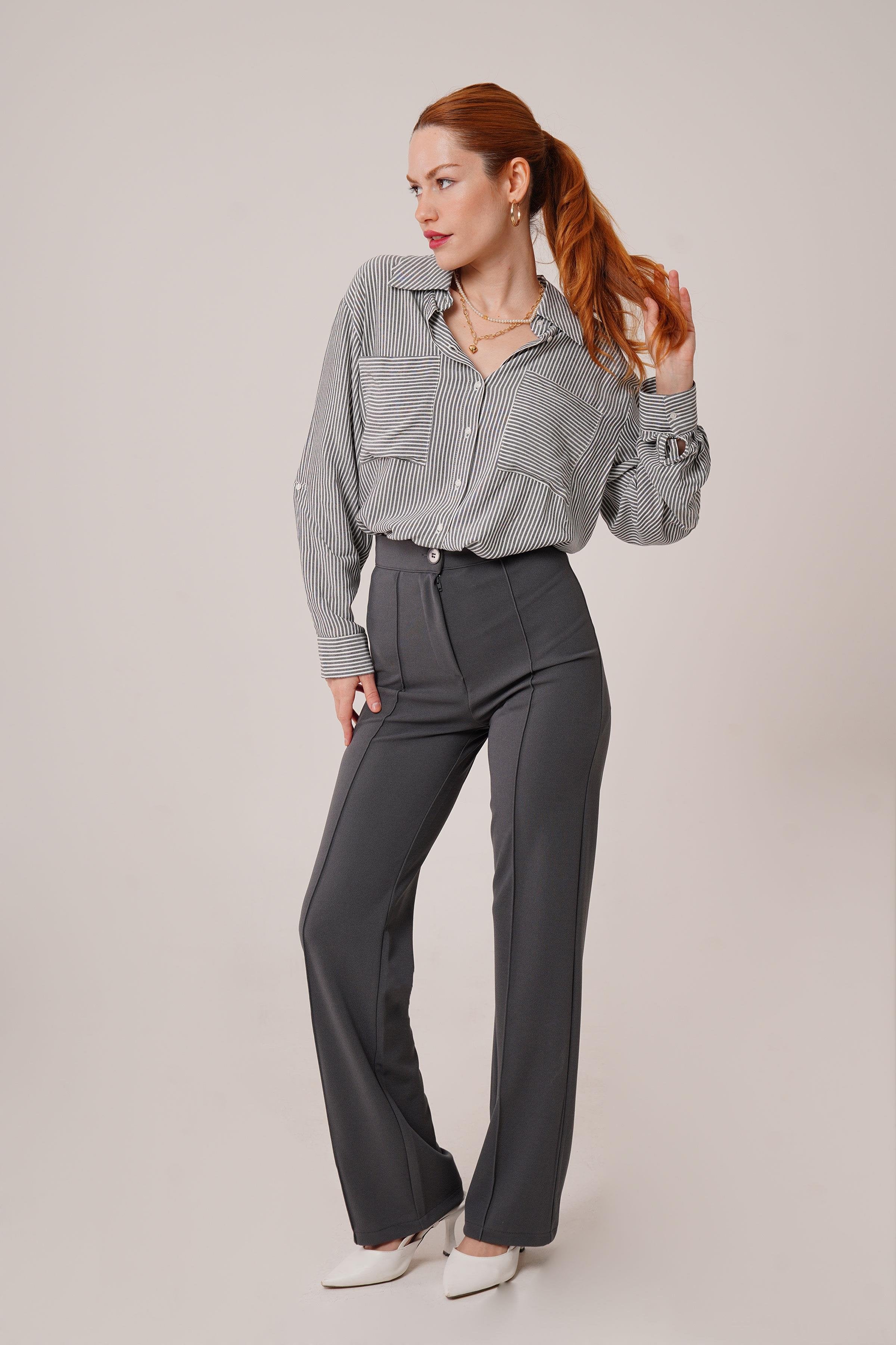 Yarasa Kol Çizgili Cep Detaylı Toptan Gri Gömlek