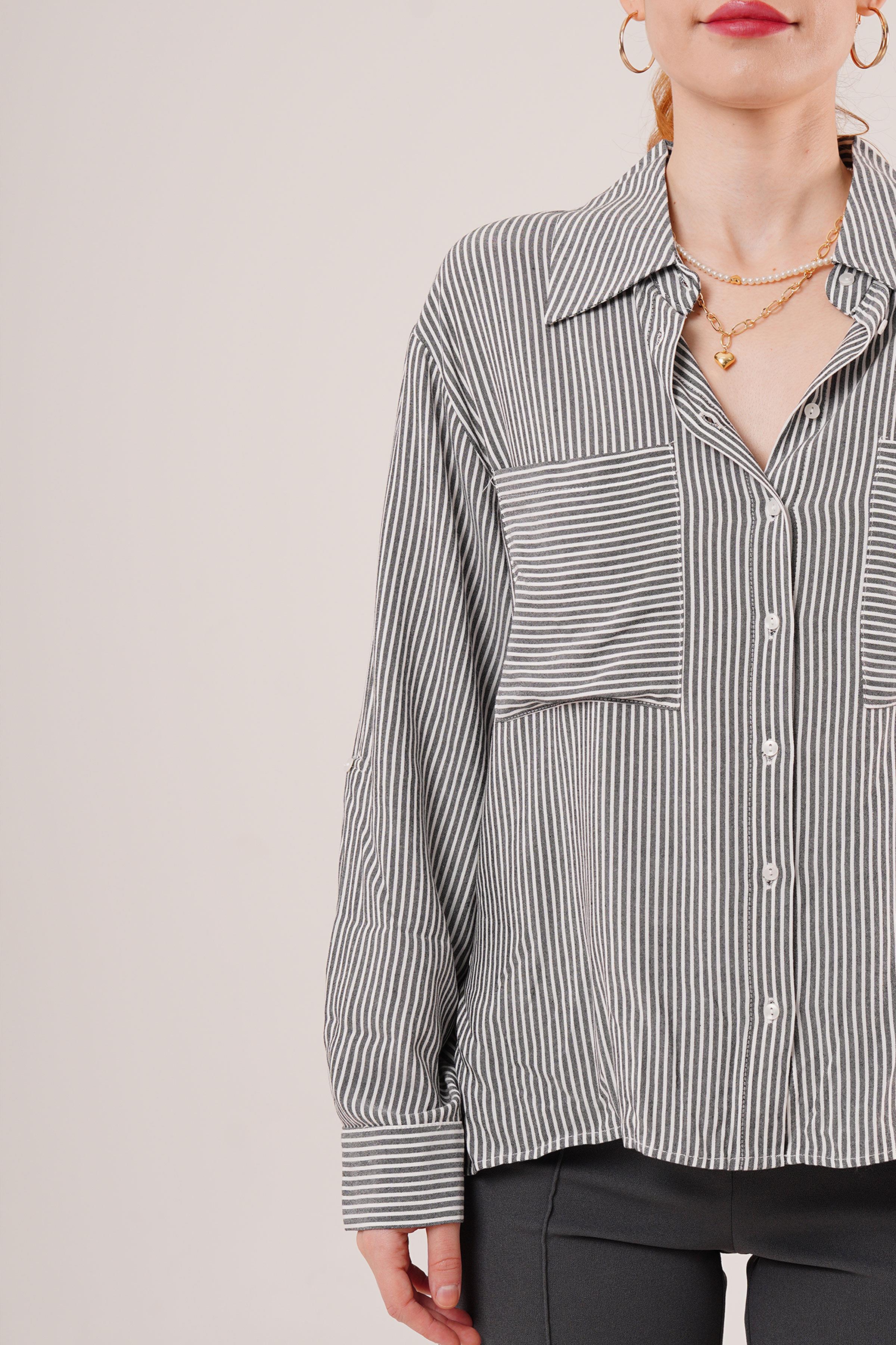 Yarasa Kol Çizgili Cep Detaylı Toptan Gri Gömlek