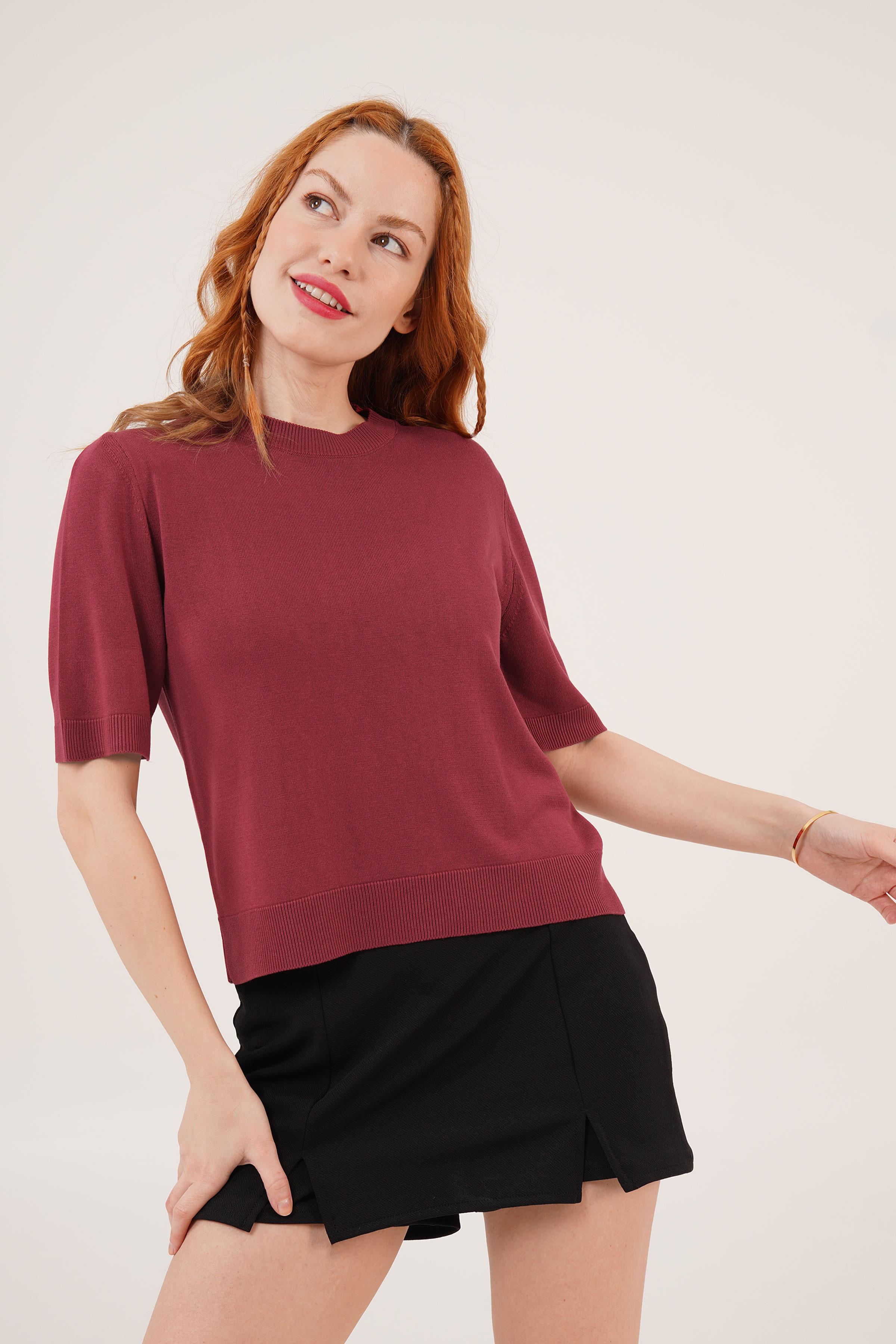 Yarım Kol Yuvarlak Yaka Likralı Toptan İnce Bordo Triko Bluz Bordo STD