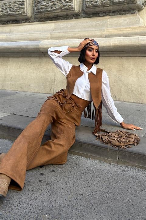 Yeleği Püsküllü Süet Takım 10273 TABA L