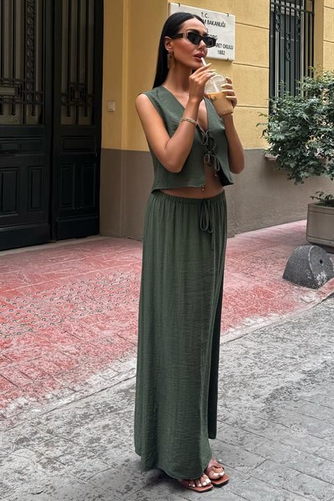 Yelek Önden Bağlamalı Uzun Etekli Takım 10192 HAKİ L