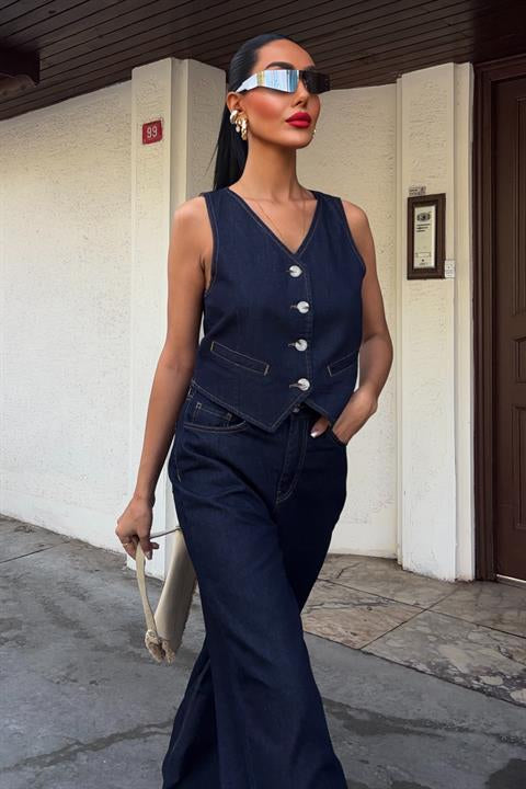Yelek ve Palazzo Pantolonlu Denim Takım 10104