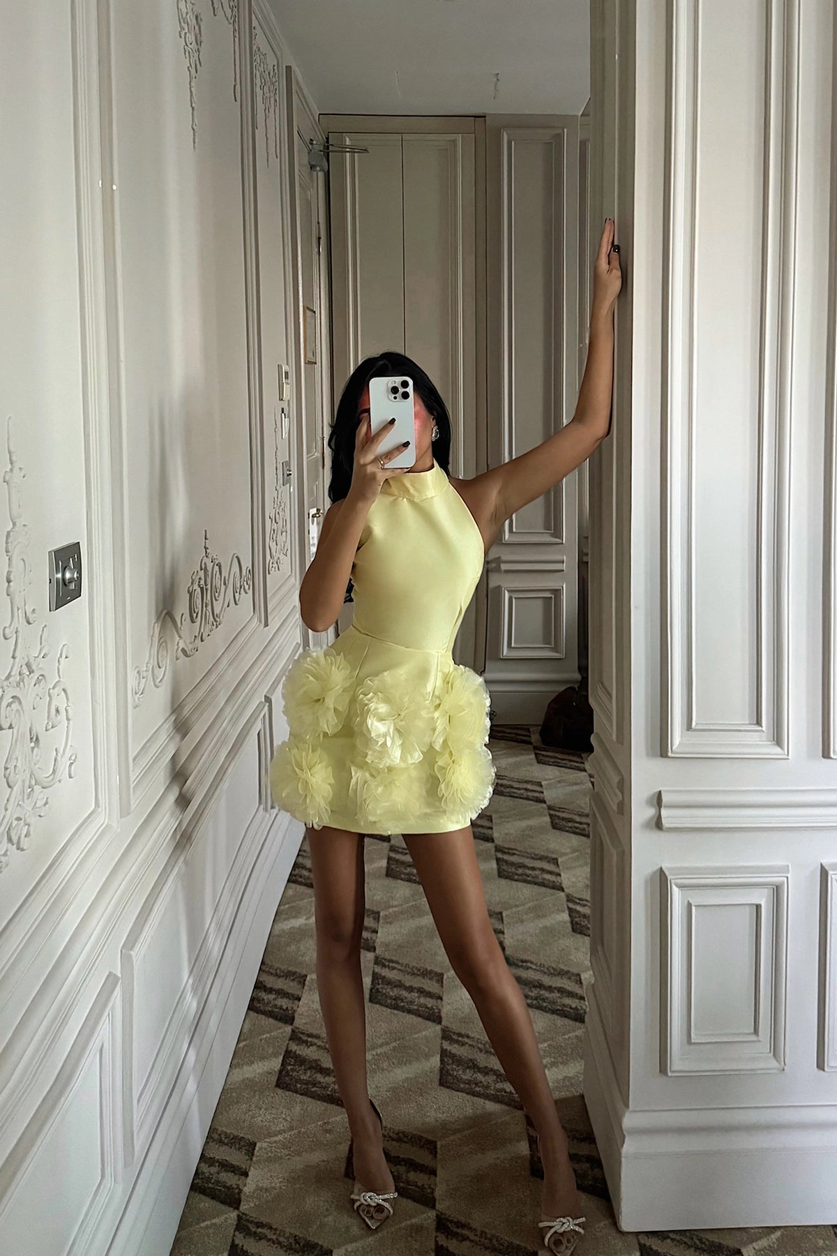 Sarı Freyya Etek Ucu Gül Detaylı Mini Elbise XS