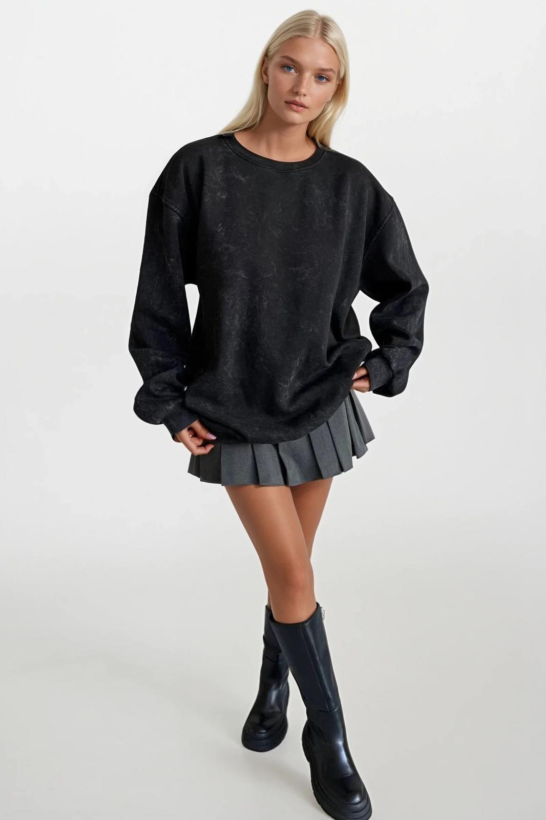 Yıkamalı Oversize Sweatshirt - Siyah