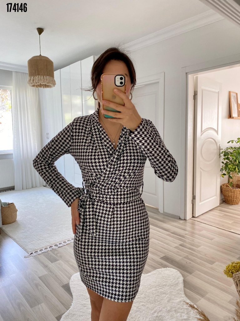Kadın Uzun Kollu Kruvaze Yaka Bağlamalı Kemer Dalgıç Mini Boy Elbise, 38313