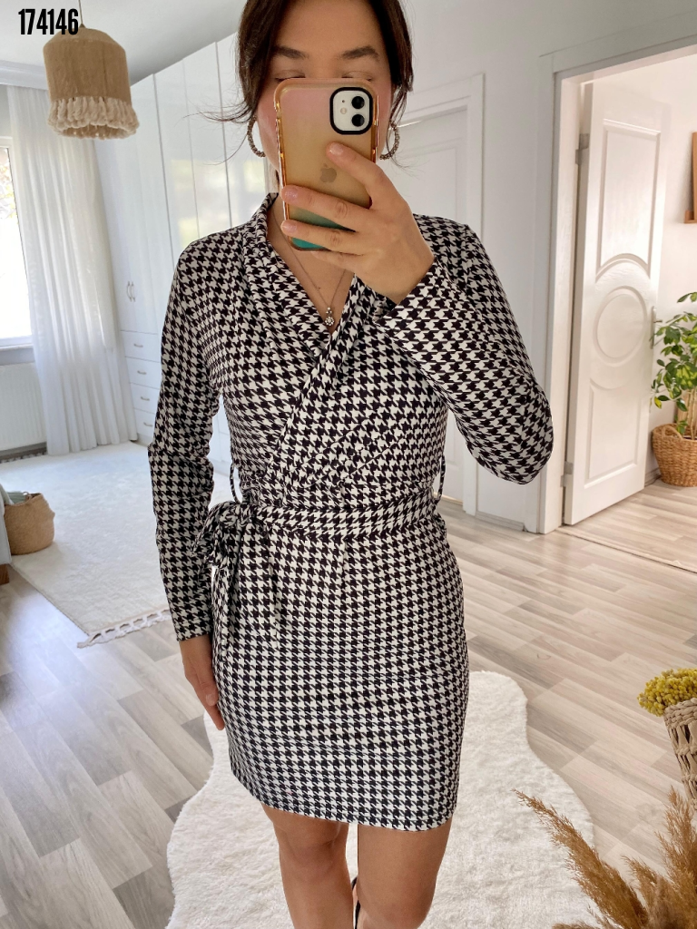 Kadın Uzun Kollu Kruvaze Yaka Bağlamalı Kemer Dalgıç Mini Boy Elbise, 38313