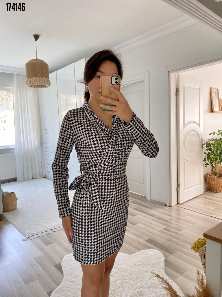 Kadın Uzun Kollu Kruvaze Yaka Bağlamalı Kemer Dalgıç Mini Boy Elbise, 38313