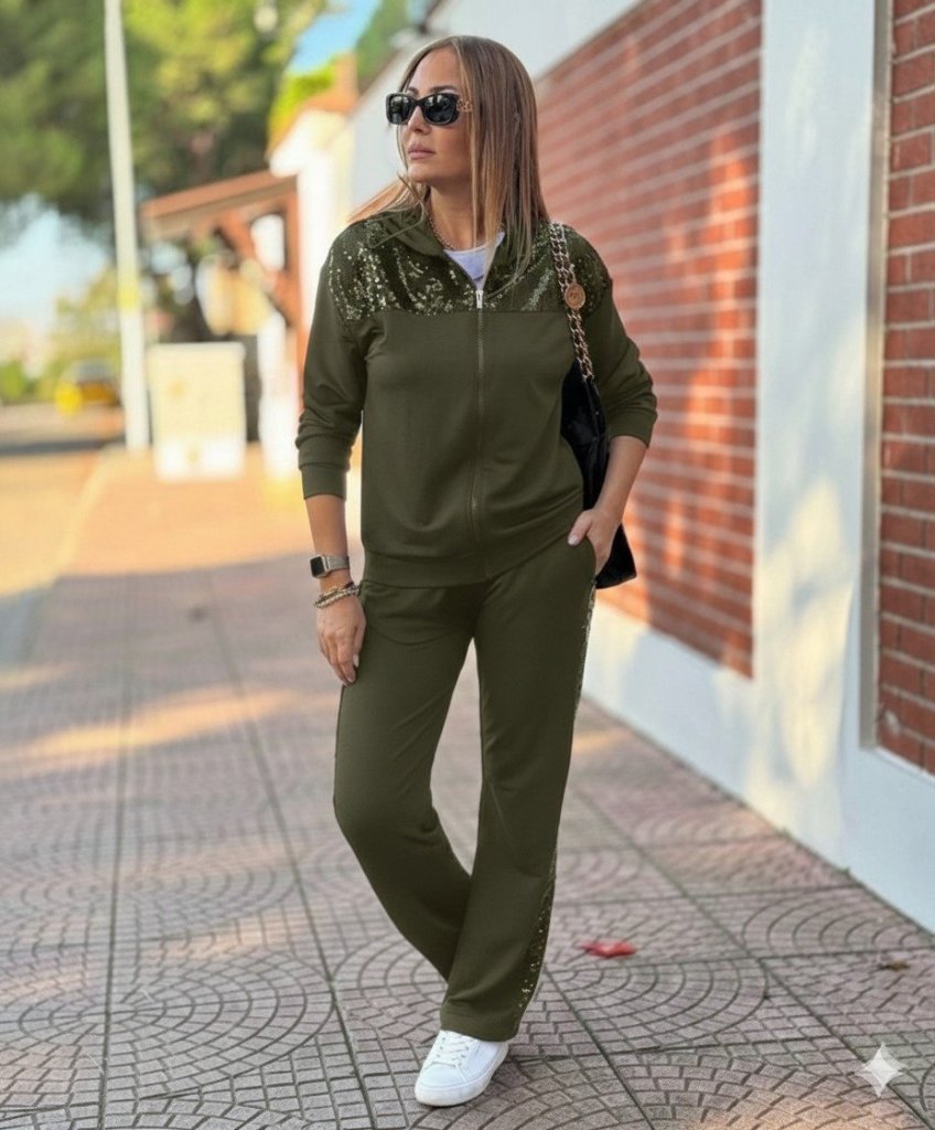 Kadın Uzun Kollu önden Fermuarlı Pul Payetli Alt üst Viskon Iki Iplik Takım, 38314