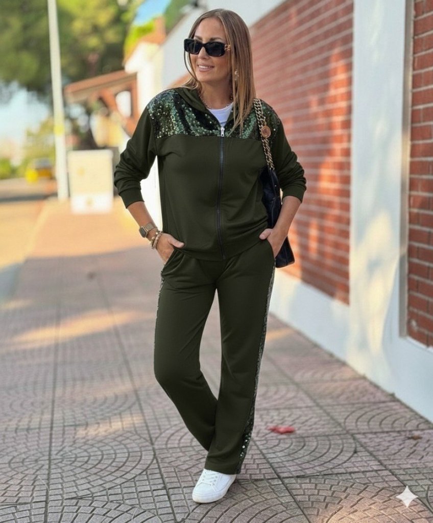 Kadın Uzun Kollu önden Fermuarlı Pul Payetli Alt üst Viskon Iki Iplik Takım, 38314