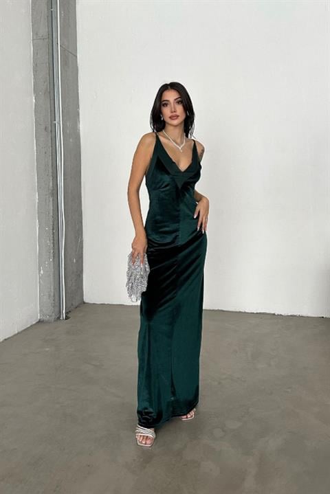 Yulia Maksi Kadife Elbise 2593-08 YEŞİL L